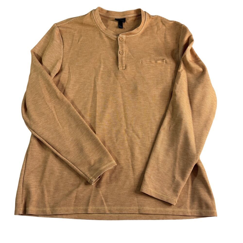 Zella Waffle Knit Henley Shirt Mens XL Tan Long Sleeve Pocket Stretch Casual